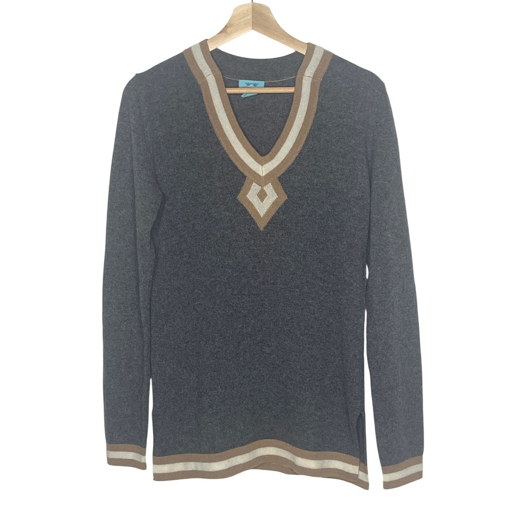 Two Bees Cashmere Grey V-Neck Varsity Stripe Sweater Small